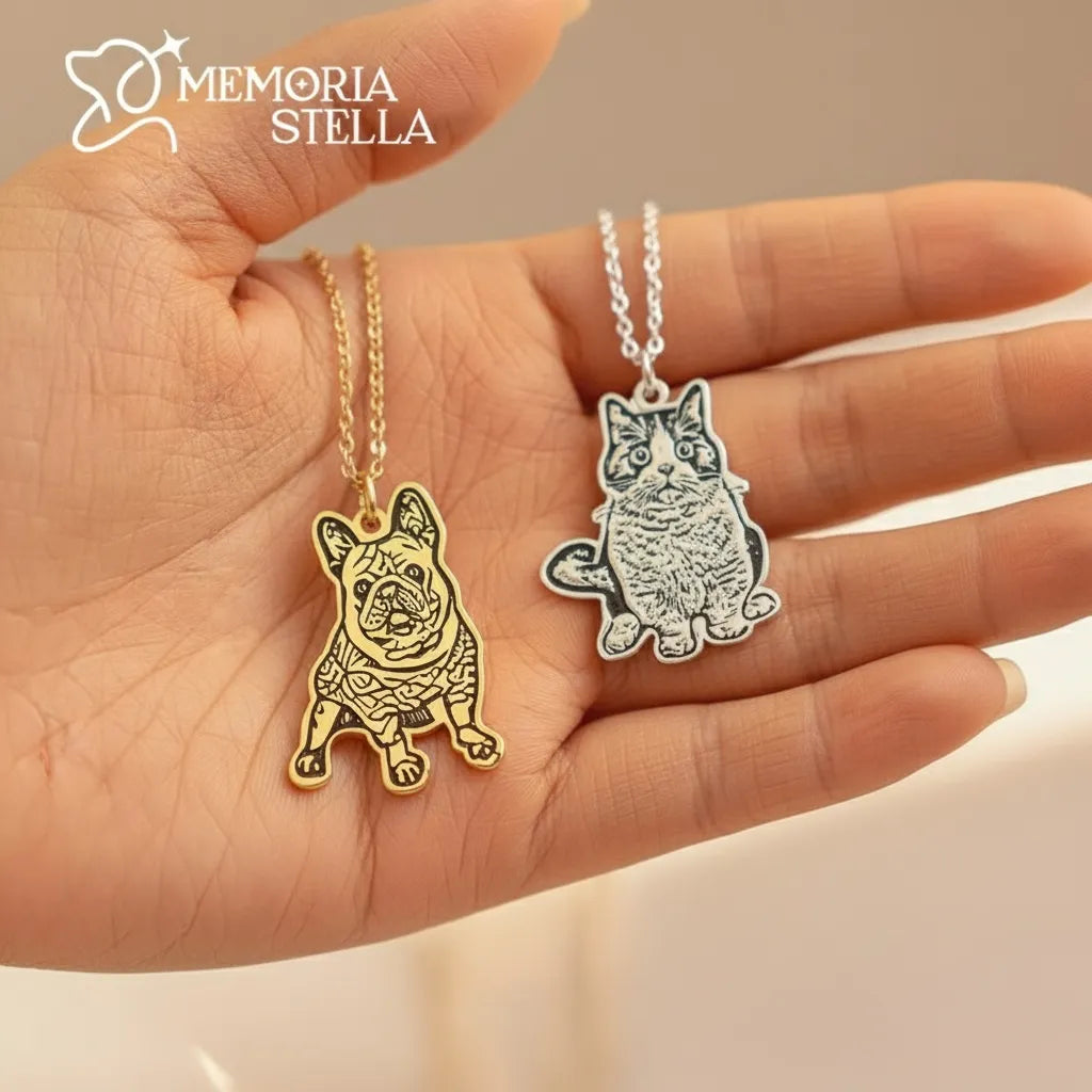 Unisex pet portrait pendant in gold finish close-up