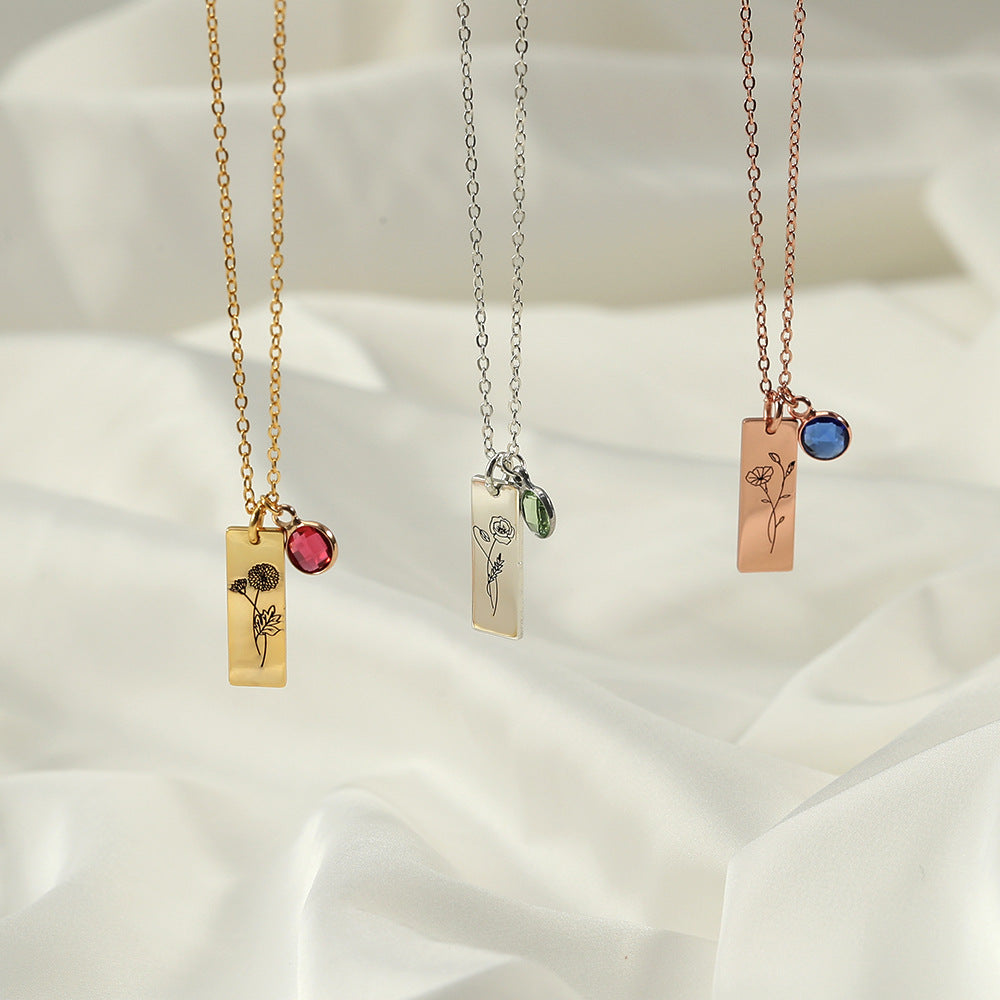 Birthstone bar necklace with personalized name engraving in gold