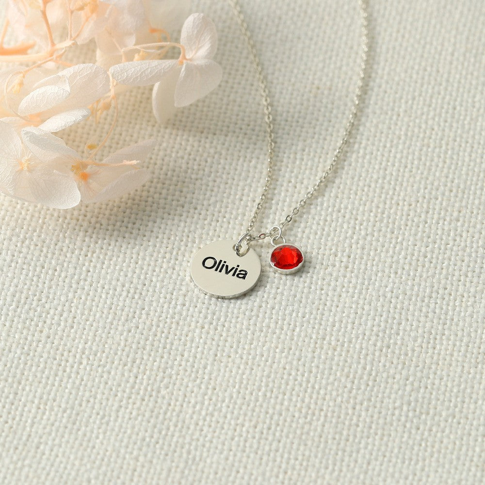 Custom engraved disc necklace in sterling silver, adjustable chain