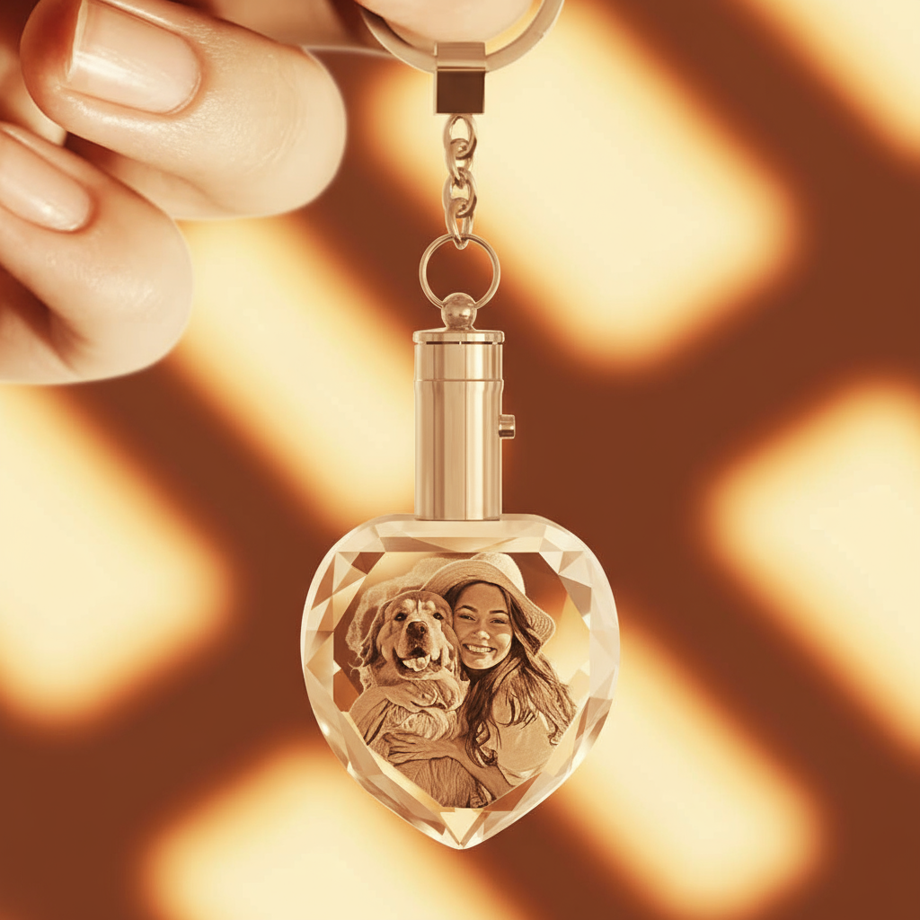 Custom heart crystal keychain with engraved pet portrait