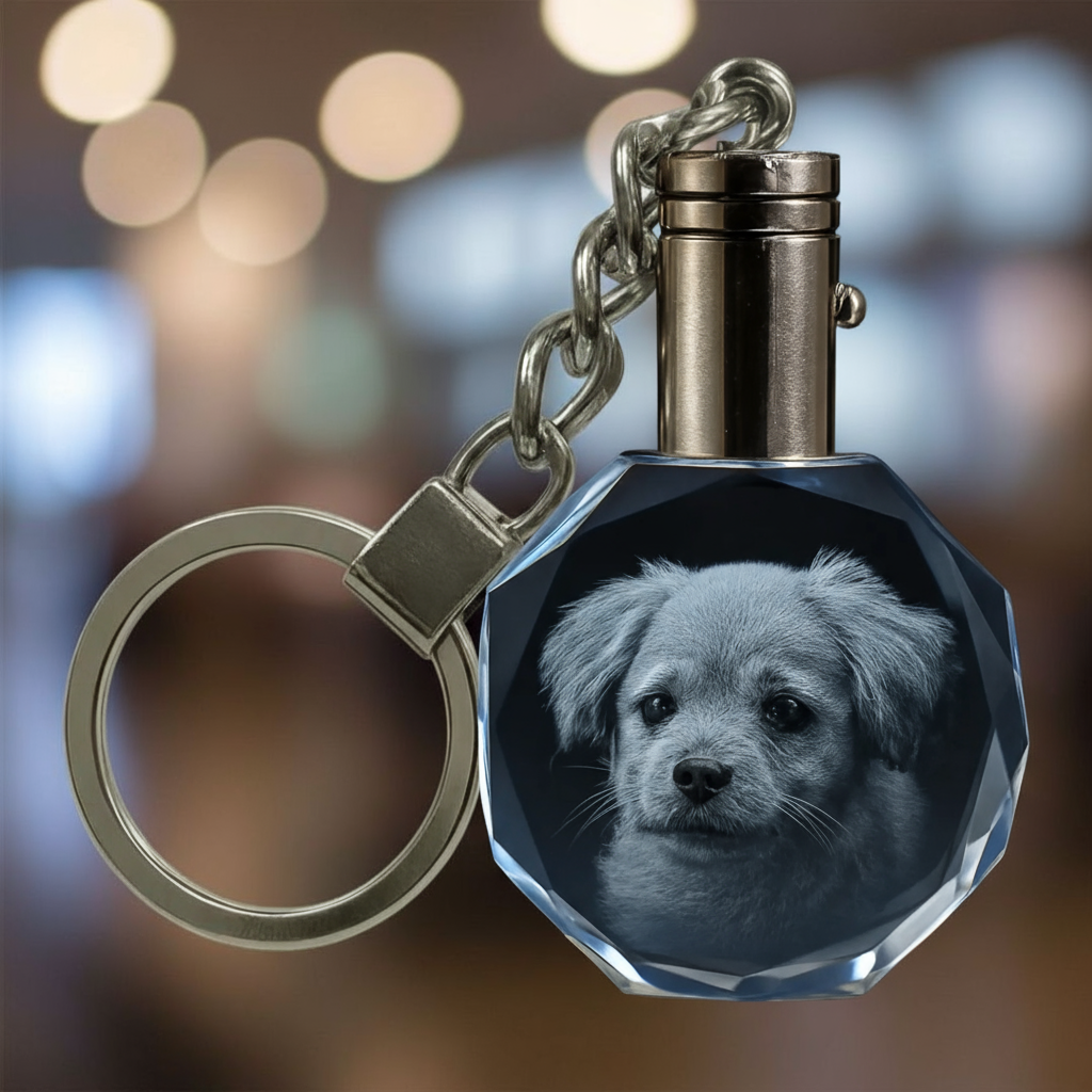 Custom round crystal keychain with engraved pet portrait