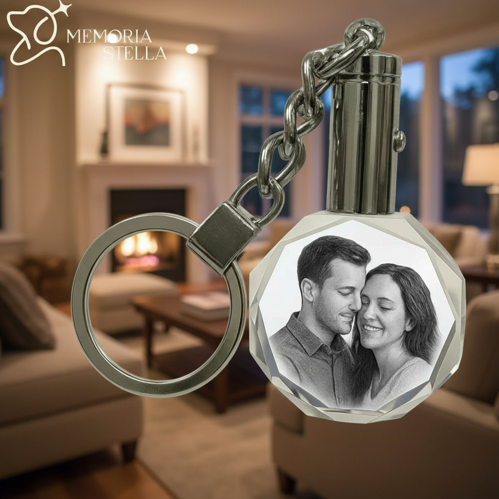 Couple round crystal keychains with personalized photo engraving