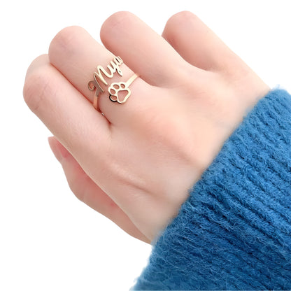 🐾 Pet Name Ring with Paw – Adjustable