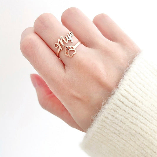 🐾 Pet Name Ring with Paw – Adjustable