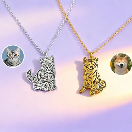 Custom pet outline necklace from photo — silver, before/after preview