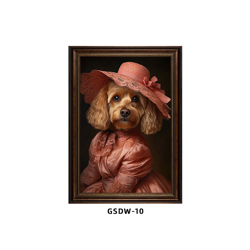 Custom pet portrait canvas – poodle in pink dress and hat, personalized framed wall art