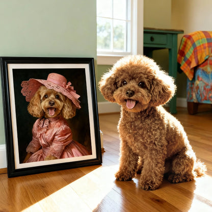 Custom renaissance pet portrait wall art – poodle in pink dress and hat, framed canvas print
