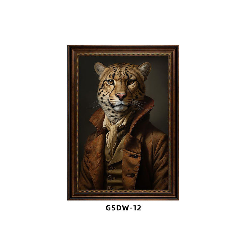 Custom animal portrait canvas – tiger in brown coat and cravat, personalized framed wall decor