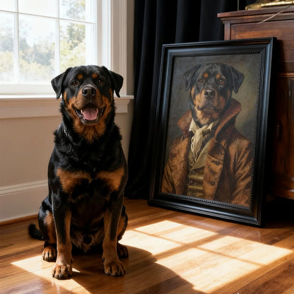 Custom renaissance pet portrait wall art – rottweiler in vintage military coat, framed canvas print