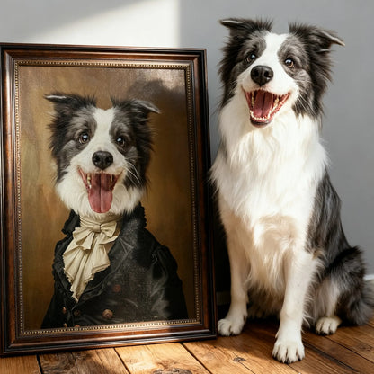 Custom renaissance pet portrait wall art – dog in classic black coat and cravat, framed canvas print