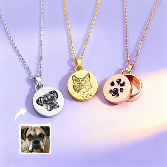 Round pet cremation urn necklaces — gold, silver, rose gold with photo, paw print and portrait options