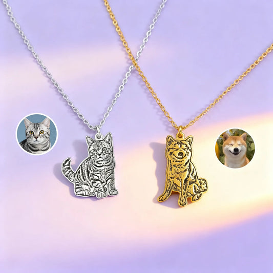 Custom pet outline necklace from photo — silver, before/after preview