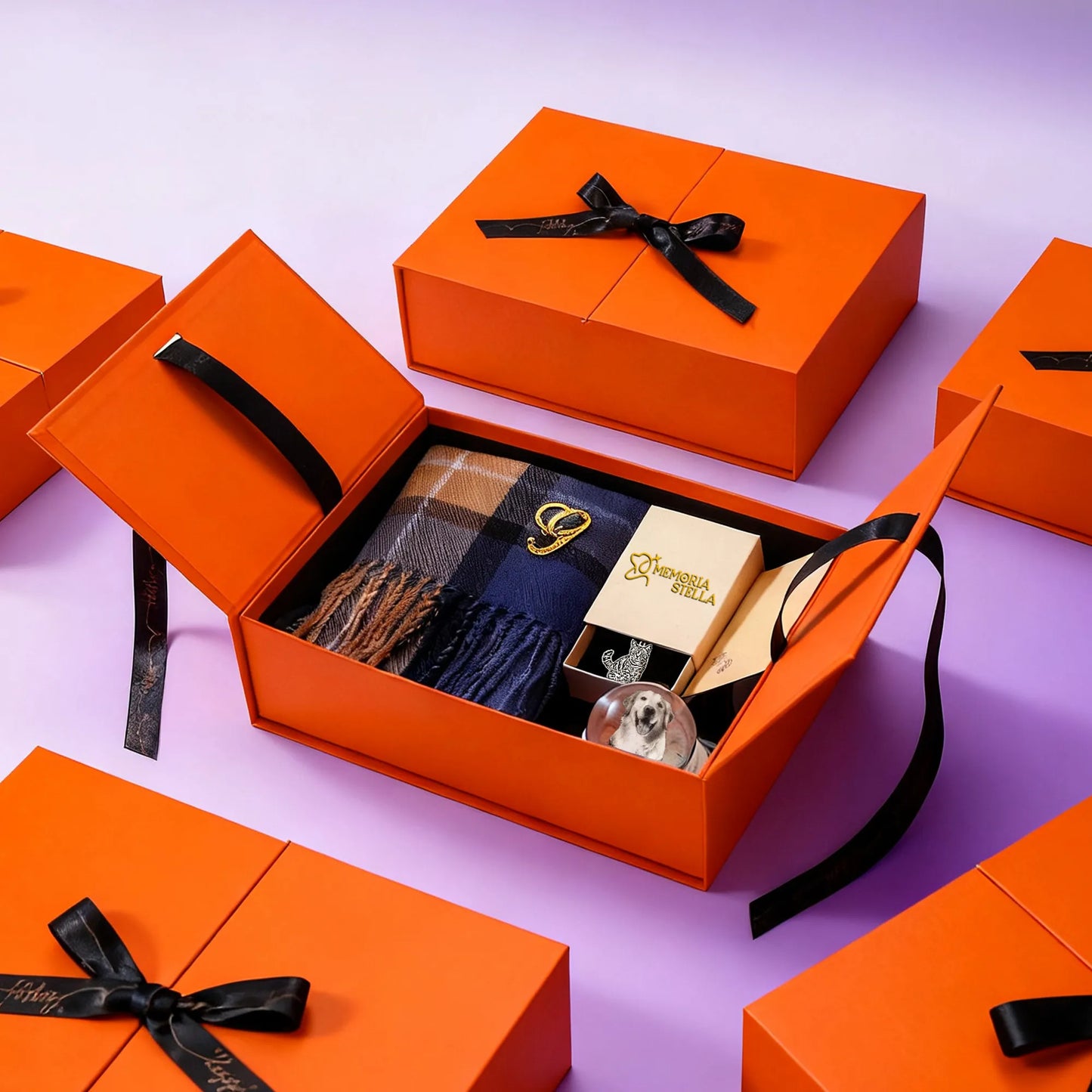 All-in-one pet lover gift box — crystal night light, engraved photo necklace, plaid scarf with initial brooch