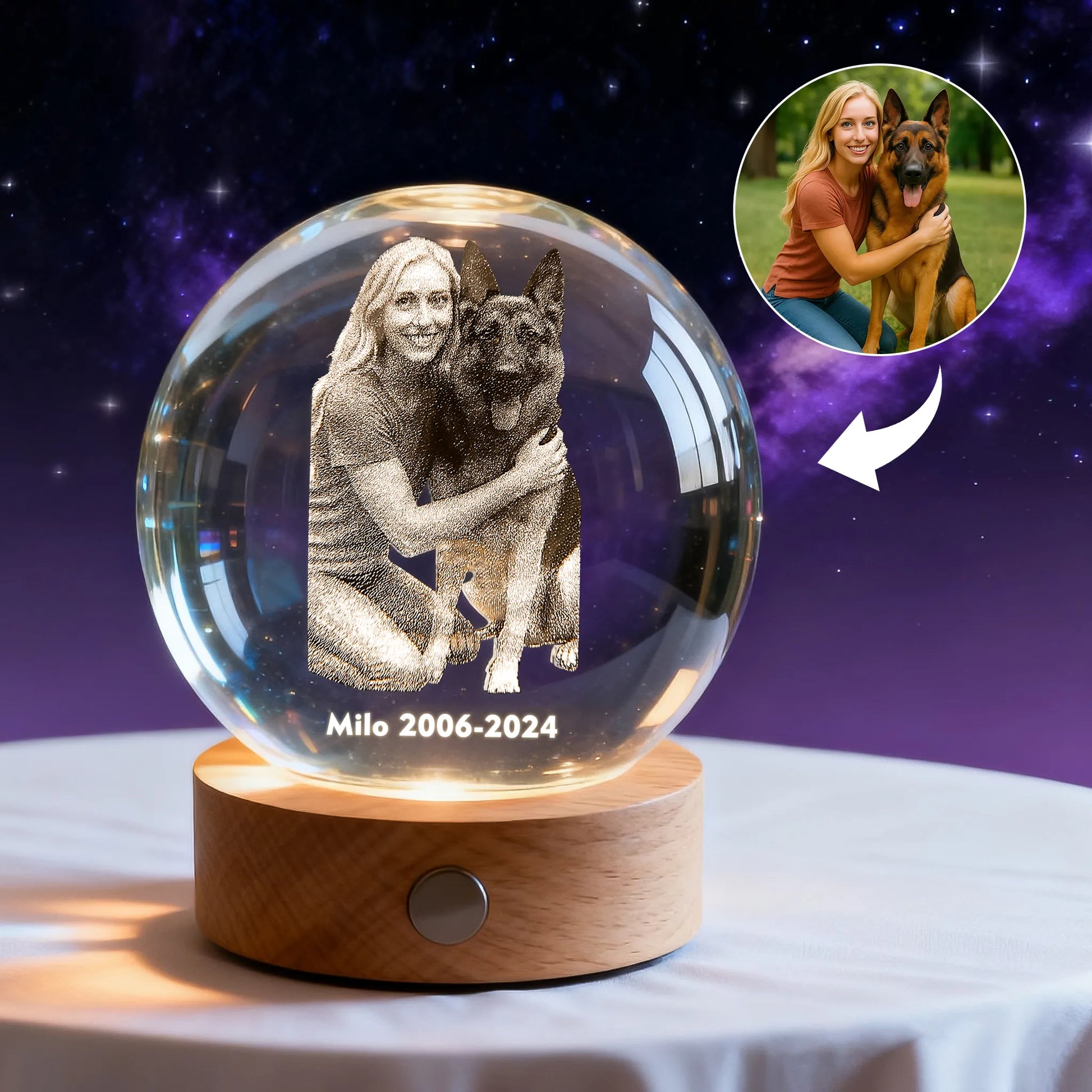 Round crystal night light with engraved pet photo memorial