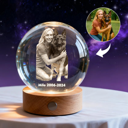 Round crystal night light with engraved pet photo memorial