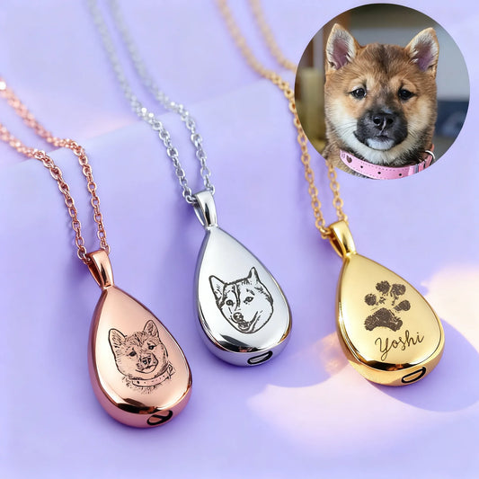 Teardrop pet ashes cremation necklaces in gold, silver and rose gold with photo/paw portrait options