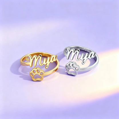Gold and silver custom paw print name ring — adjustable pet name jewelry for dog & cat lovers