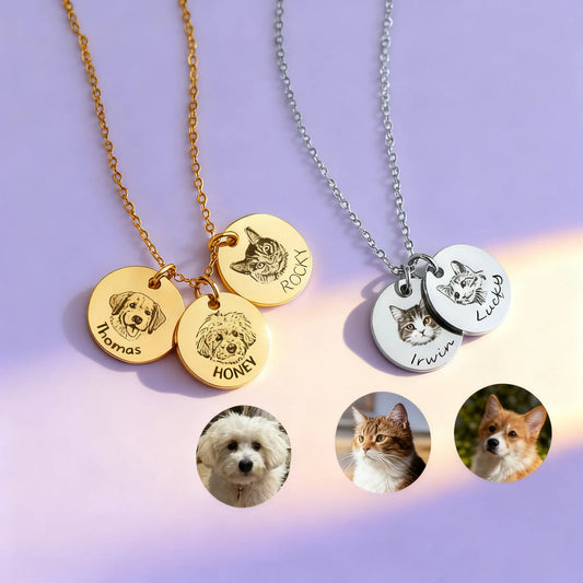 Custom pet portrait coin pendant necklaces in gold, silver and rose gold, multi-charm set