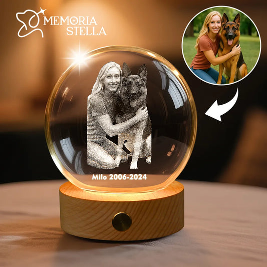 Round crystal night light with engraved pet photo memorial