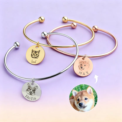 Custom pet photo charm open bangles — silver, gold, rose gold
