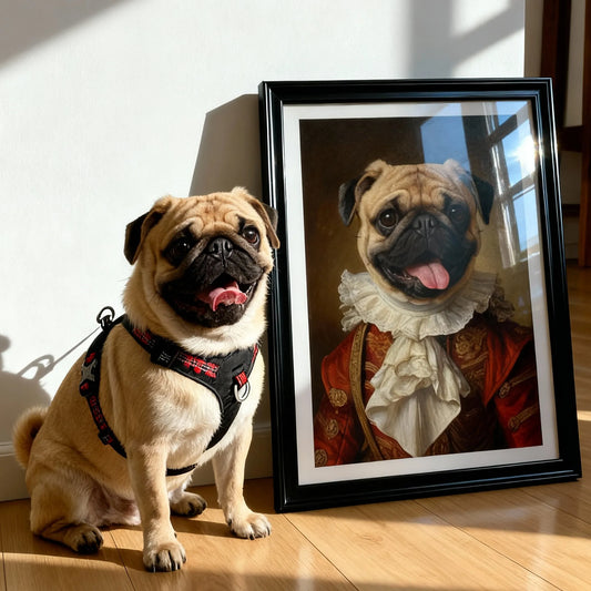 Custom renaissance pet portrait wall art – pug in formal jacket and waistcoat, framed canvas print