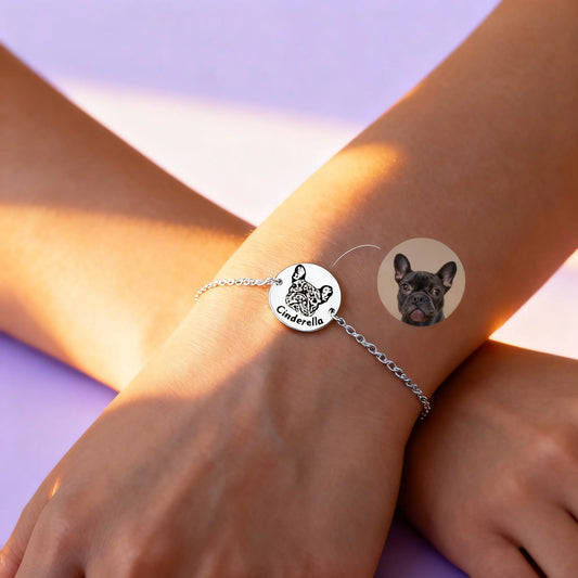 Silver adjustable chain bracelet with custom pet photo charm on wrist