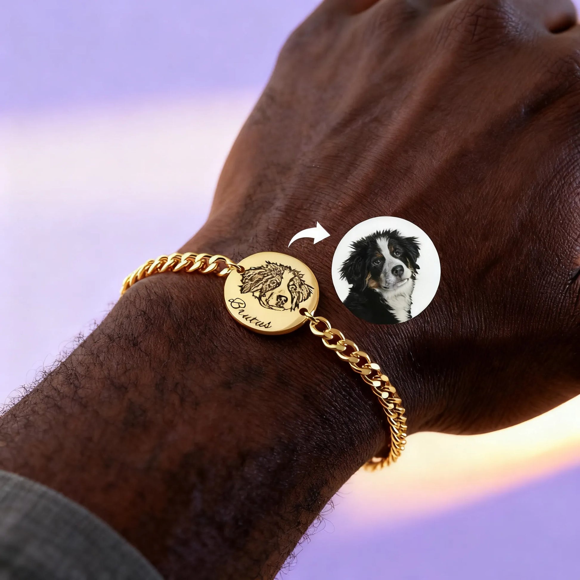 Men’s gold chain bracelet with engraved round pet portrait charm on wrist