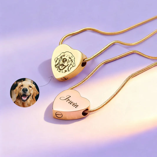 Heart pet cremation urn necklace set — photo charm, name engraving, paw/portrait options (gold, silver, rose gold)