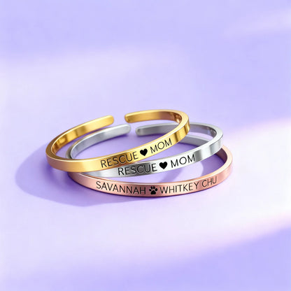 Stacked custom engraved cuff bracelets — gold, silver, rose gold two-tone