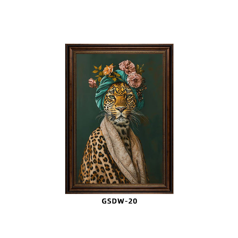 Custom animal portrait canvas – leopard with floral headwrap and pearls, personalized framed art