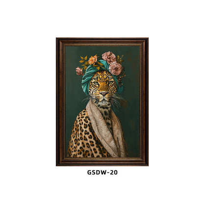 Custom animal portrait canvas – leopard with floral headwrap and pearls, personalized framed art