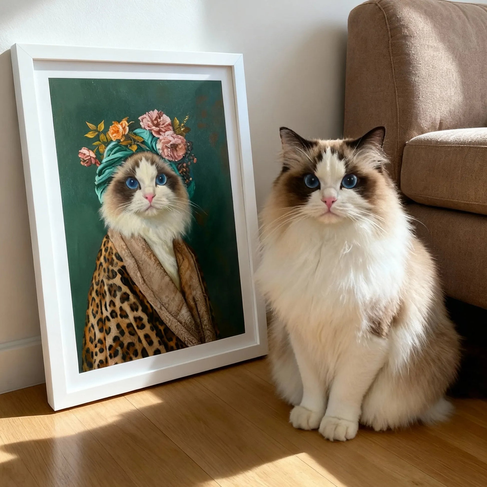 Custom renaissance pet portrait wall art – stylish cat with floral hat and cape, framed canvas print