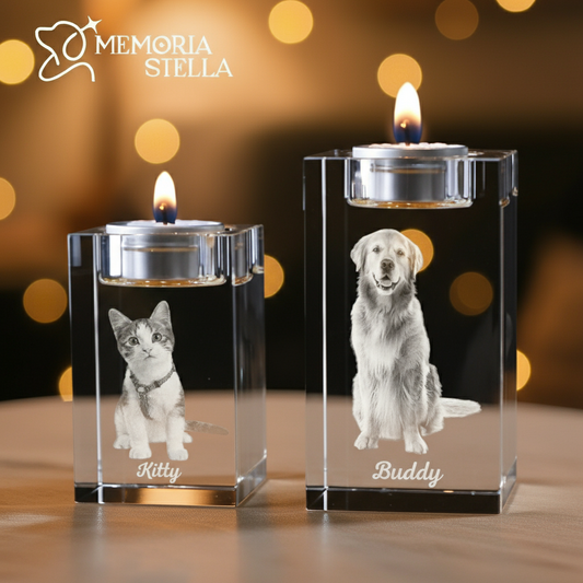 Custom square crystal candle holder with engraved pet photo