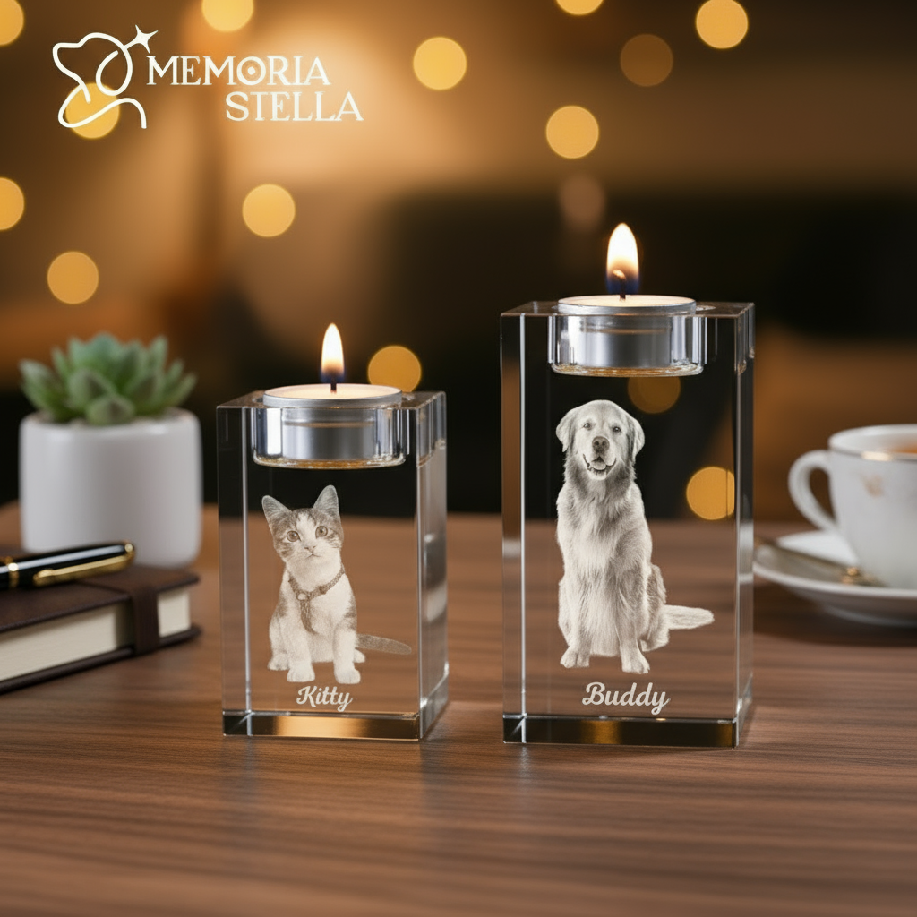 Personalized crystal candle holder showing dog memorial engraving
