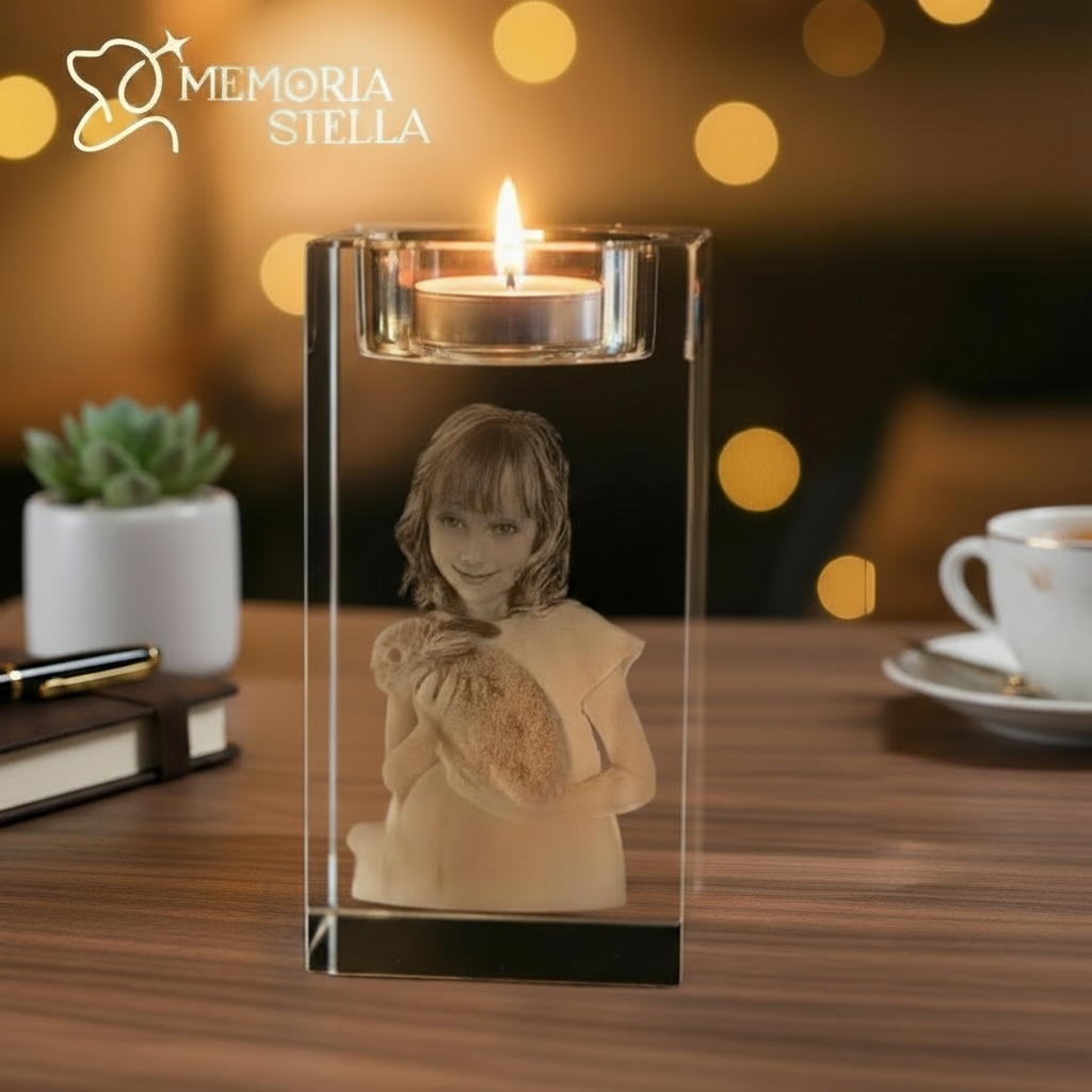 Square crystal candle holder with engraved portrait for pet memorial