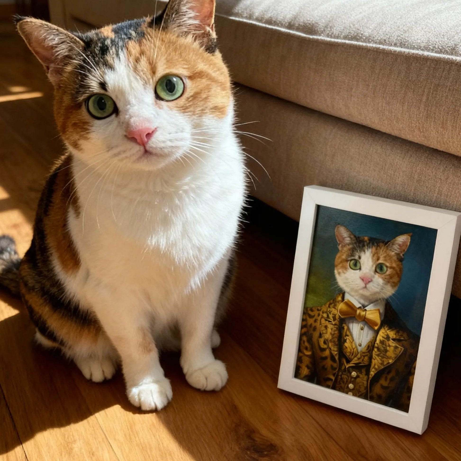 Custom renaissance pet portrait wall art – cat in royal gold jacket and cravat, framed canvas print