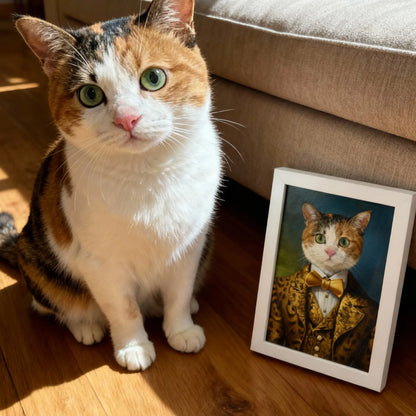 Custom renaissance pet portrait wall art – cat in royal gold jacket and cravat, framed canvas print
