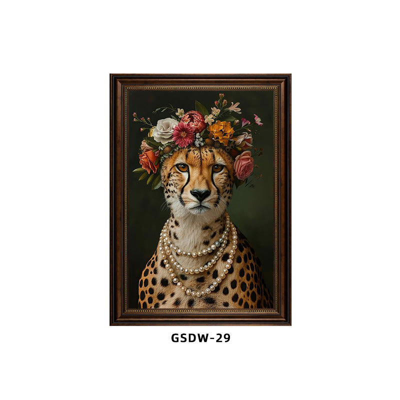 Custom animal portrait canvas – cheetah with flower crown and pearls, personalized framed wall art