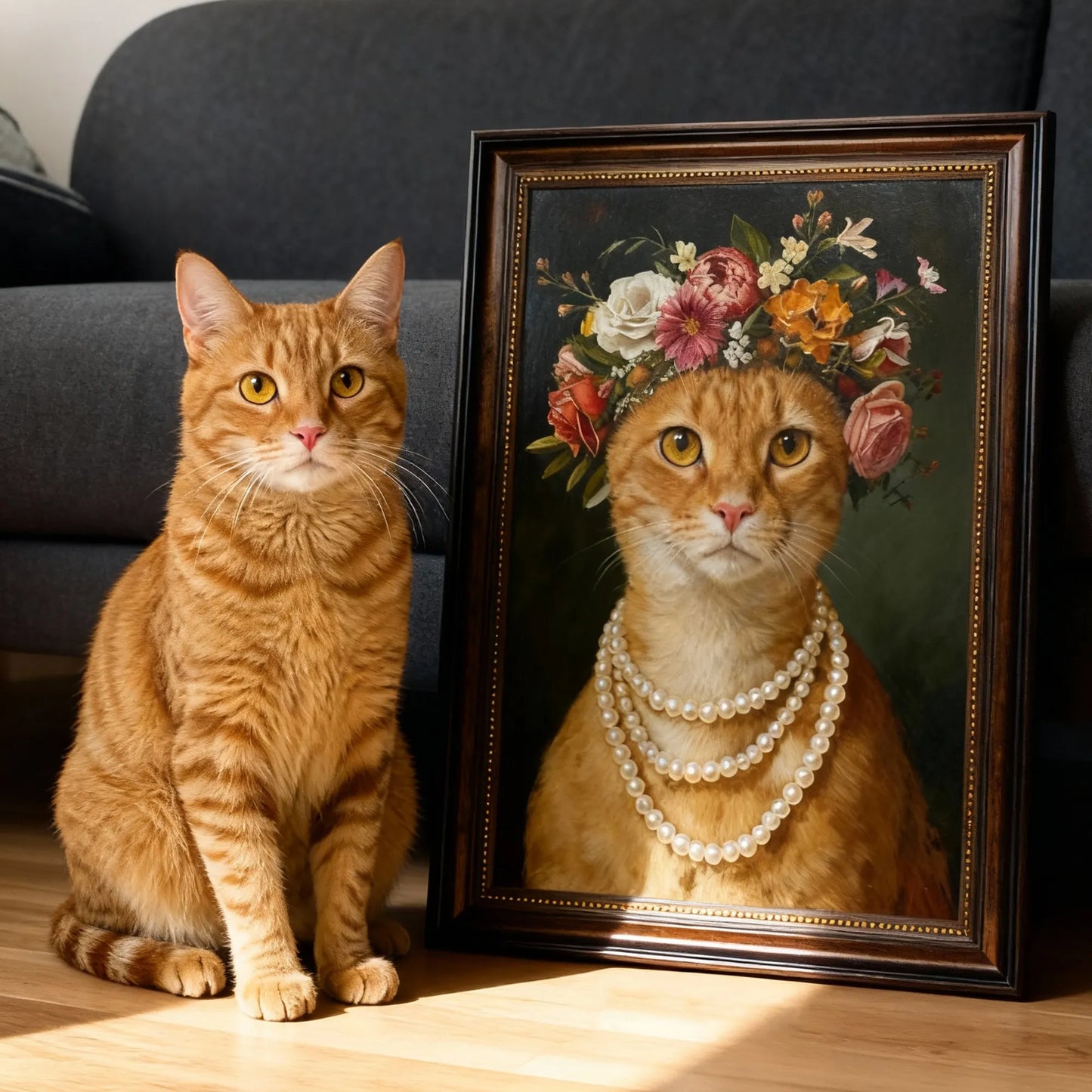 Custom renaissance pet portrait wall art – elegant cat with floral crown and pearls, framed canvas print
