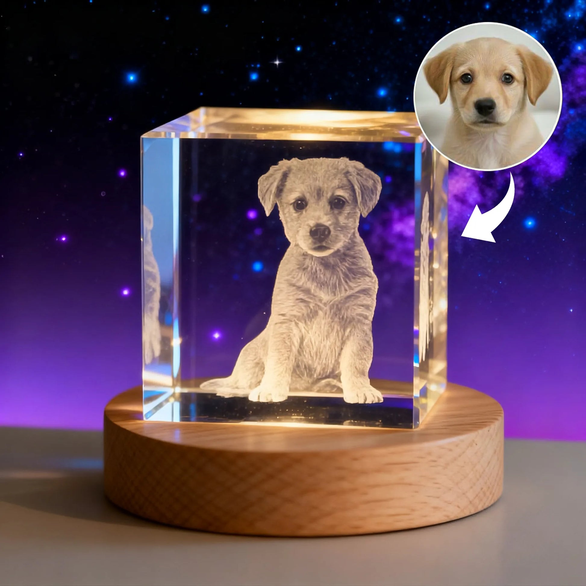 Square crystal night light with personalized photo engraving on LED base