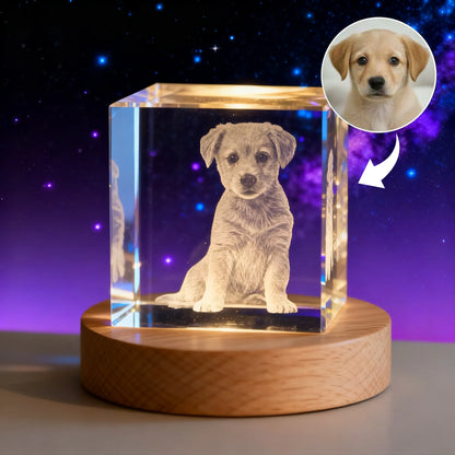 Square crystal night light with personalized photo engraving on LED base