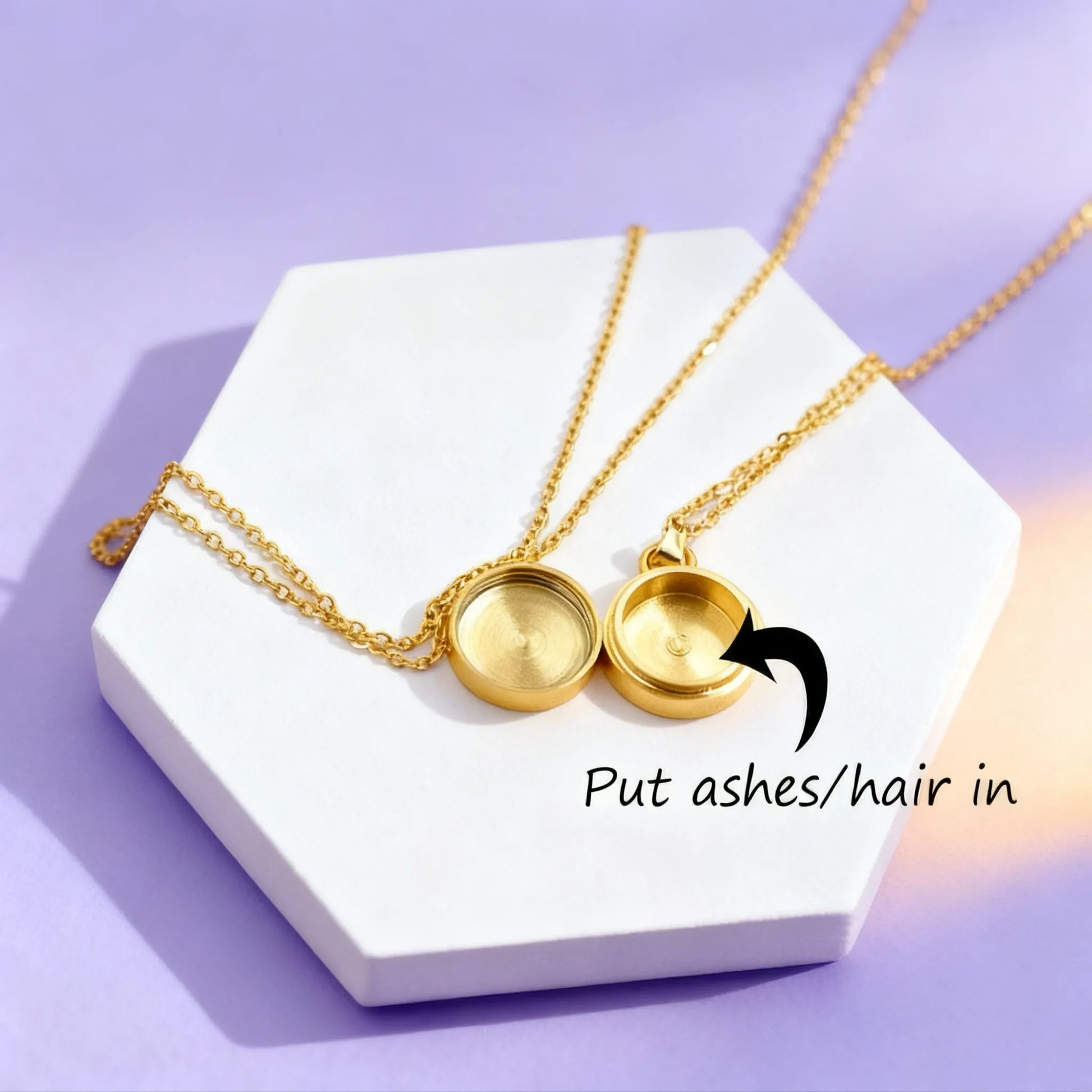 How it works: round pet ashes necklace — fill with ashes or hair, gold finish