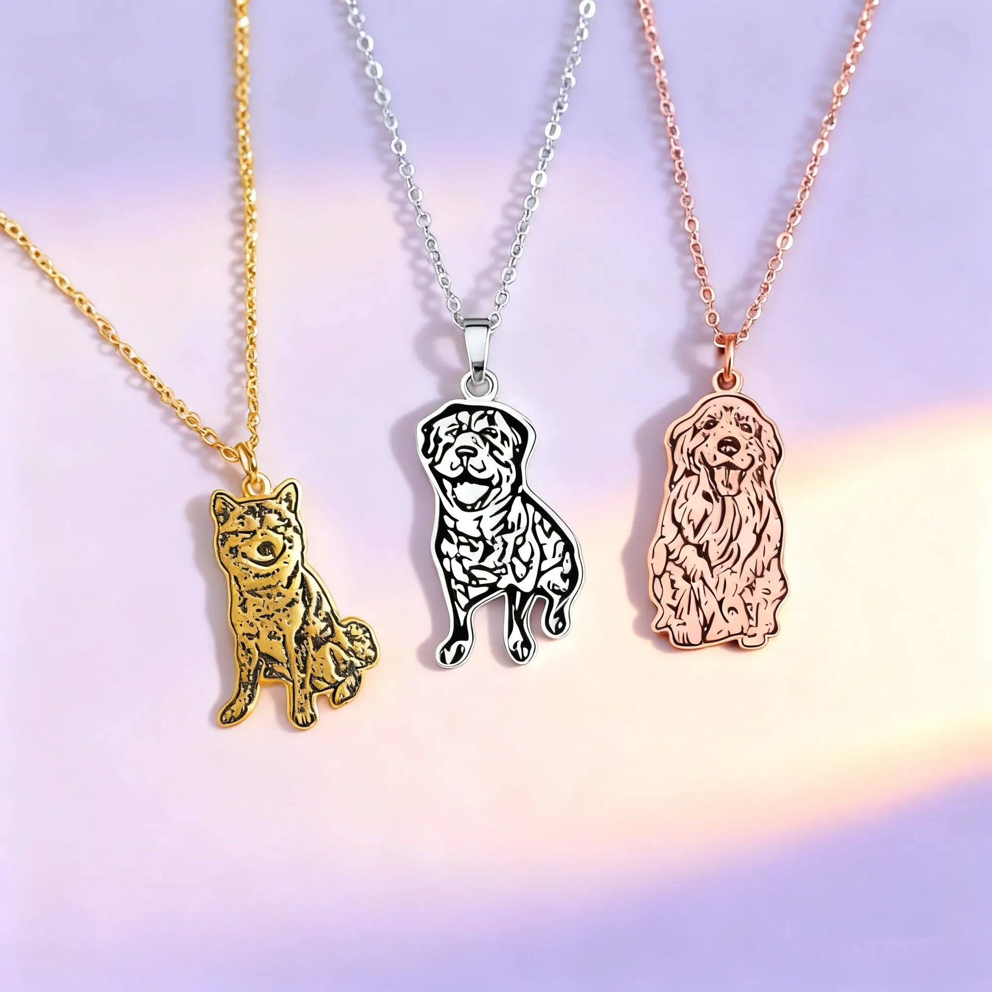 Custom pet outline necklace in gold, silver and rose-gold — photo to silhouette pendant