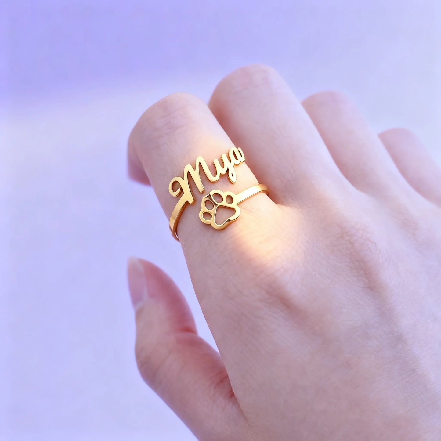 Gold custom name ring with paw print — adjustable personalized pet lover ring
