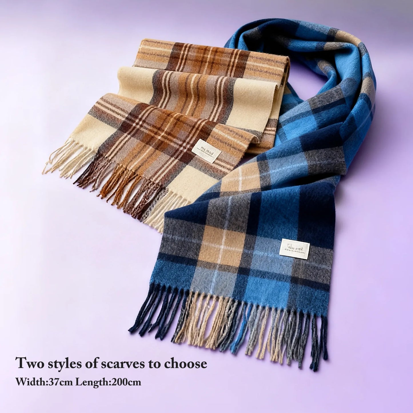 Two plaid scarves to choose from — blue check & brown check (37×200 cm), with optional initial brooch