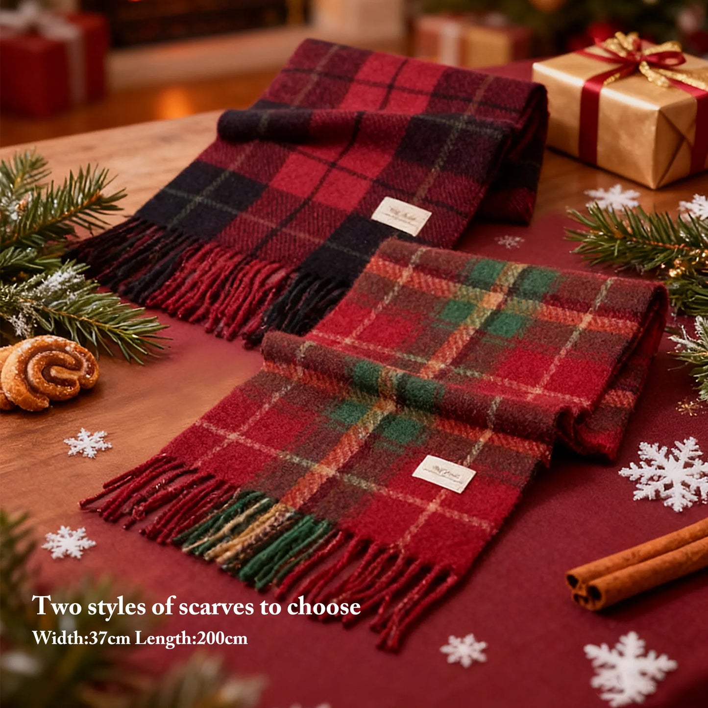 Two plaid Christmas scarves — red and red-green, monogram initial optional