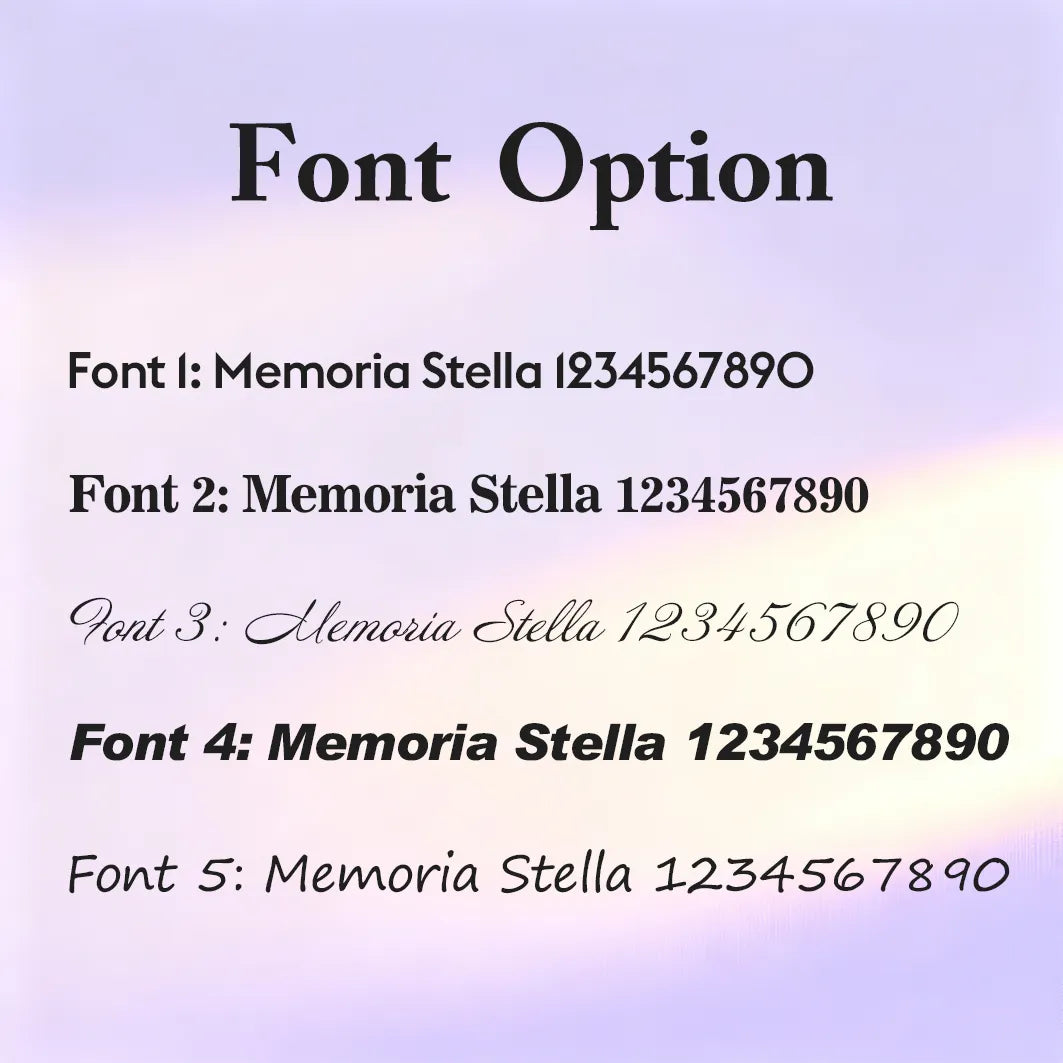 Font options for engraving — five script styles preview for custom text