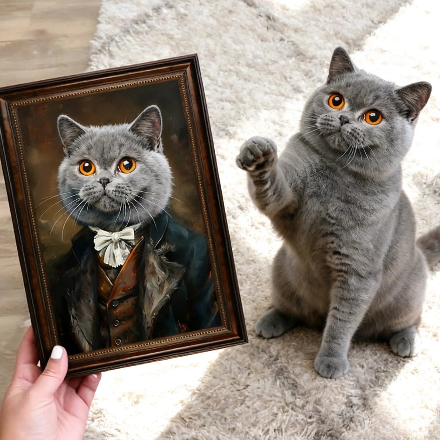 Custom renaissance pet portrait wall art – grey cat in tuxedo and bow tie, framed canvas print