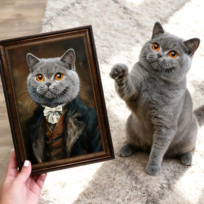 Custom renaissance pet portrait wall art – grey cat in tuxedo and bow tie, framed canvas print