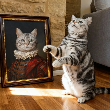 Custom renaissance pet portrait wall art – cat in vintage ruffled outfit, framed canvas print